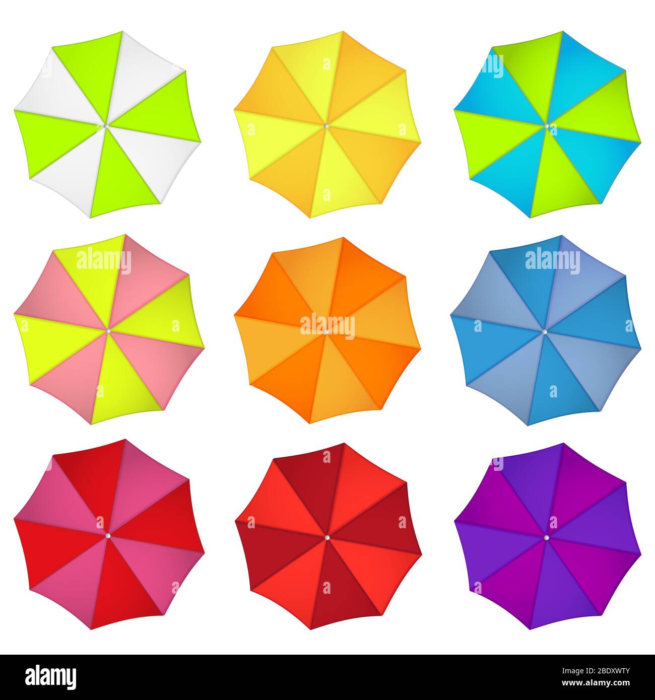 Beach umbrella rainbow colors set isolated on white background Stock