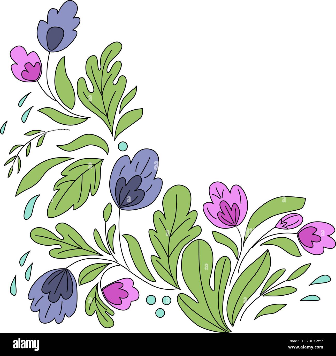 Vector image of a corner frame of blue, pink flowers and leaves. For the design of cards, wedding invitations, botanical illustrations, wrapping paper Stock Vector