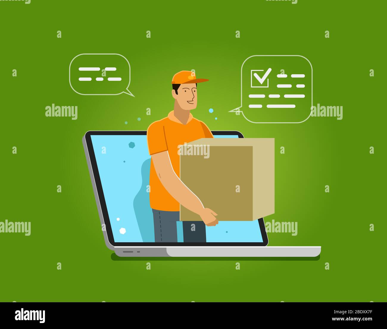 Fast delivery issued through web application on laptop. Vector illustration Stock Vector