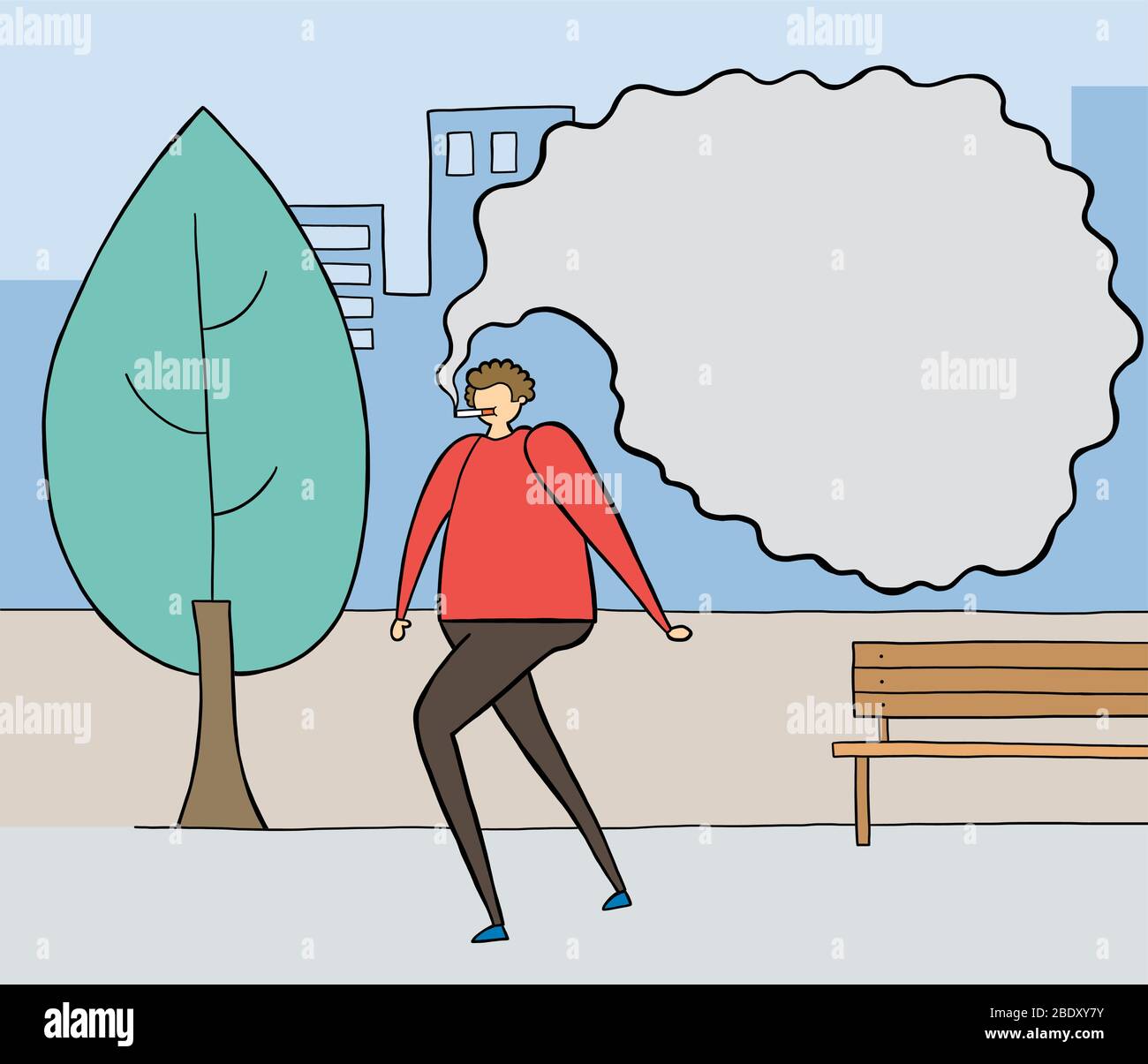 The man smokes a cigarette in the park and the smoke spreads everywhere. Black outlines and colored. Stock Vector