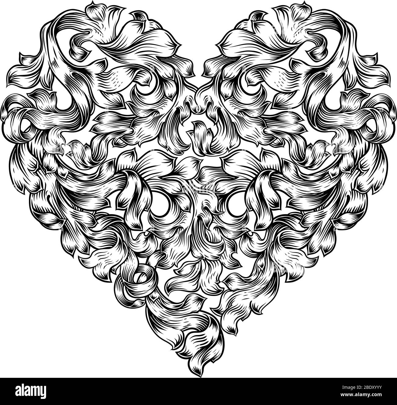 Heart Love Floral Woodcut Vintage Etching Stock Vector