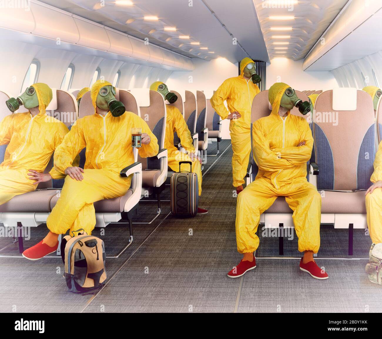 the gas maskpeople in the airplane interior. Photo and media mixed  concept Stock Photo