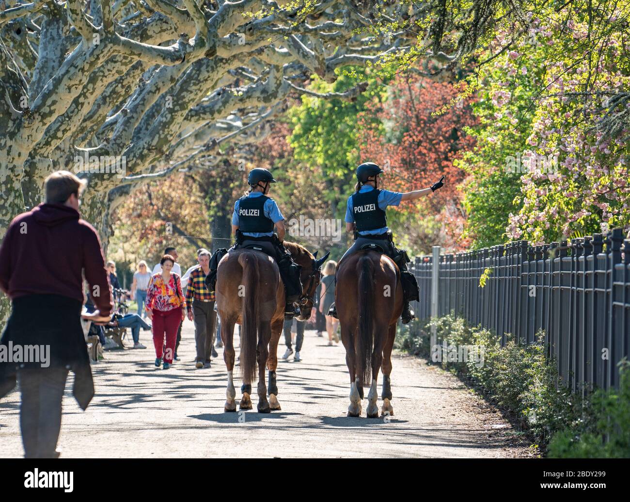 10 April 2020, Hessen, Frankfurt/Main: Two policewomen ride their horses along the northern bank of the Main and check that the ban on contact, which is still in place because of the Corona pandemic, is being observed. Photo: Frank Rumpenhorst/dpa Stock Photo