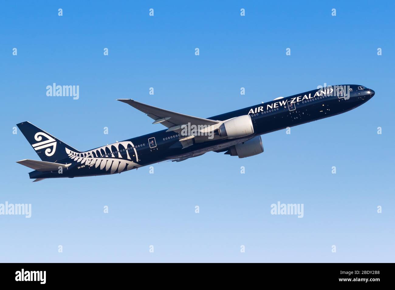 Frankfurt, Germany – April 7, 2020: Air New Zealand Boeing 777-300ER airplane at Frankfurt airport (FRA) in Germany. Boeing is an American aircraft ma Stock Photo