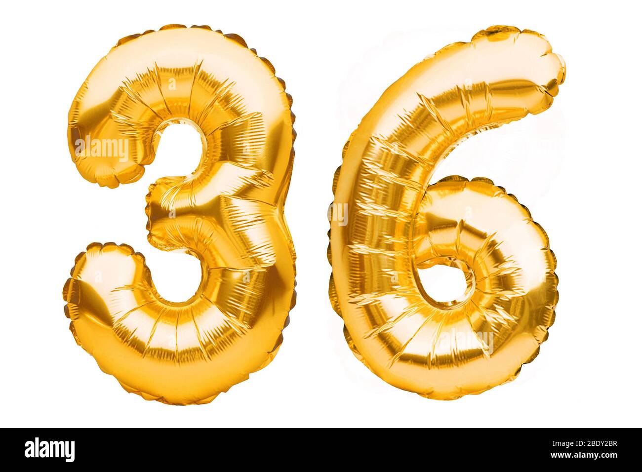 Number 36 thirty six made of golden inflatable balloons isolated on