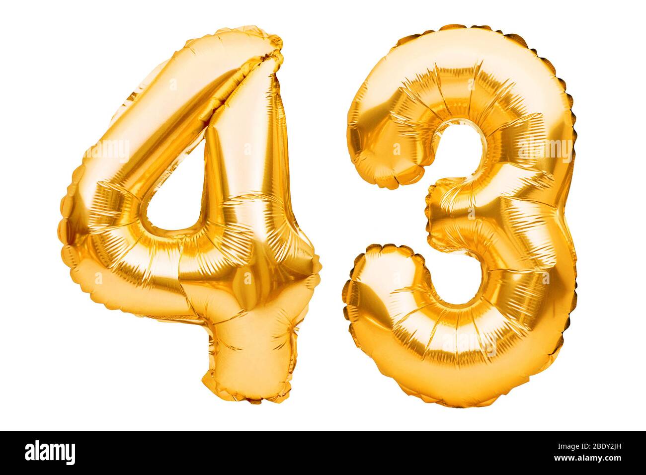 Number 43 forty three made of golden inflatable balloons isolated on white. Helium balloons, gold foil numbers. Party decoration, anniversary sign for Stock Photo