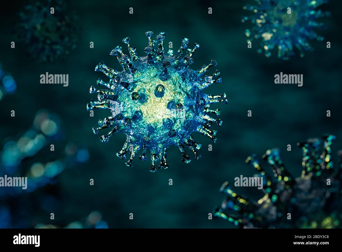 3D render: Corona virus - Schematic image of viruses of the Corona family in blue / green color. Selective focus Stock Photo