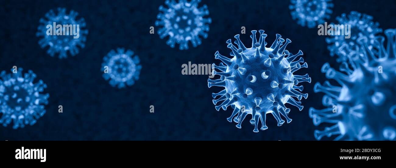 3D render: Corona virus - Schematic image of viruses of the Corona family in blue color. Selective focus Stock Photo