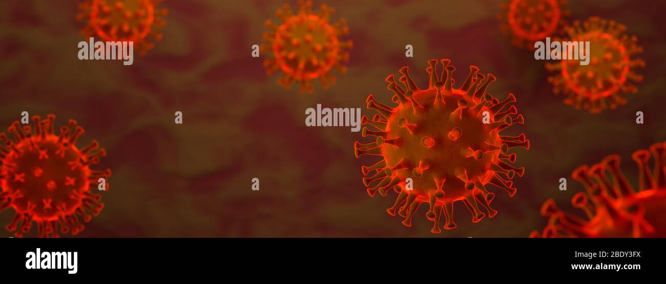 3D render: Corona virus - Schematic image of viruses of the Corona family in red color. Selective focus Stock Photo