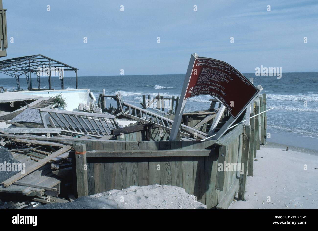 Storm Aftermath, Collapsed Motel Seawall Stock Photo
