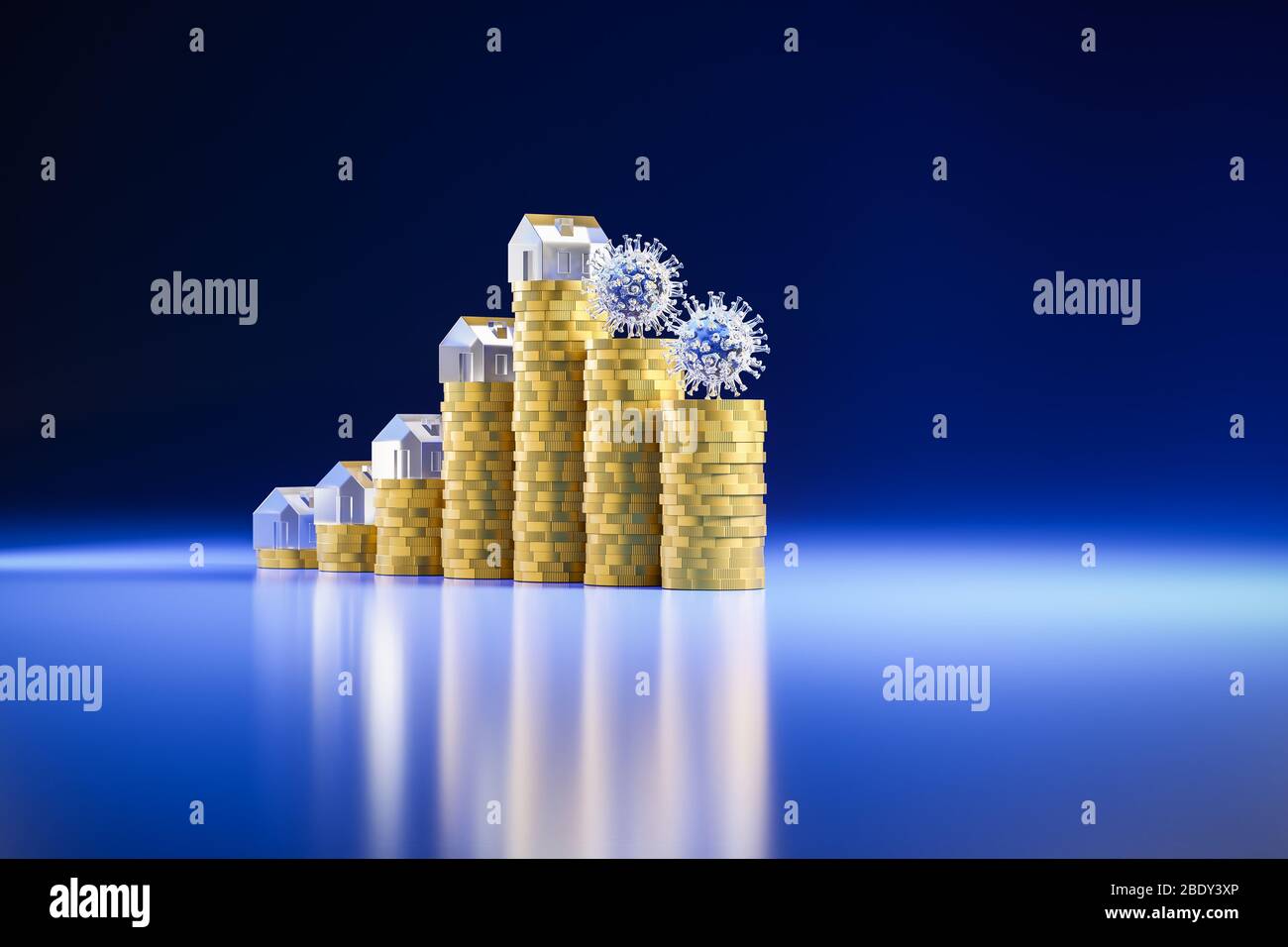 3d render: Concept: decline of housing prices because of the corona crisis. Rising stacks of coins topped with houses made from acrylic glass. Falling Stock Photo