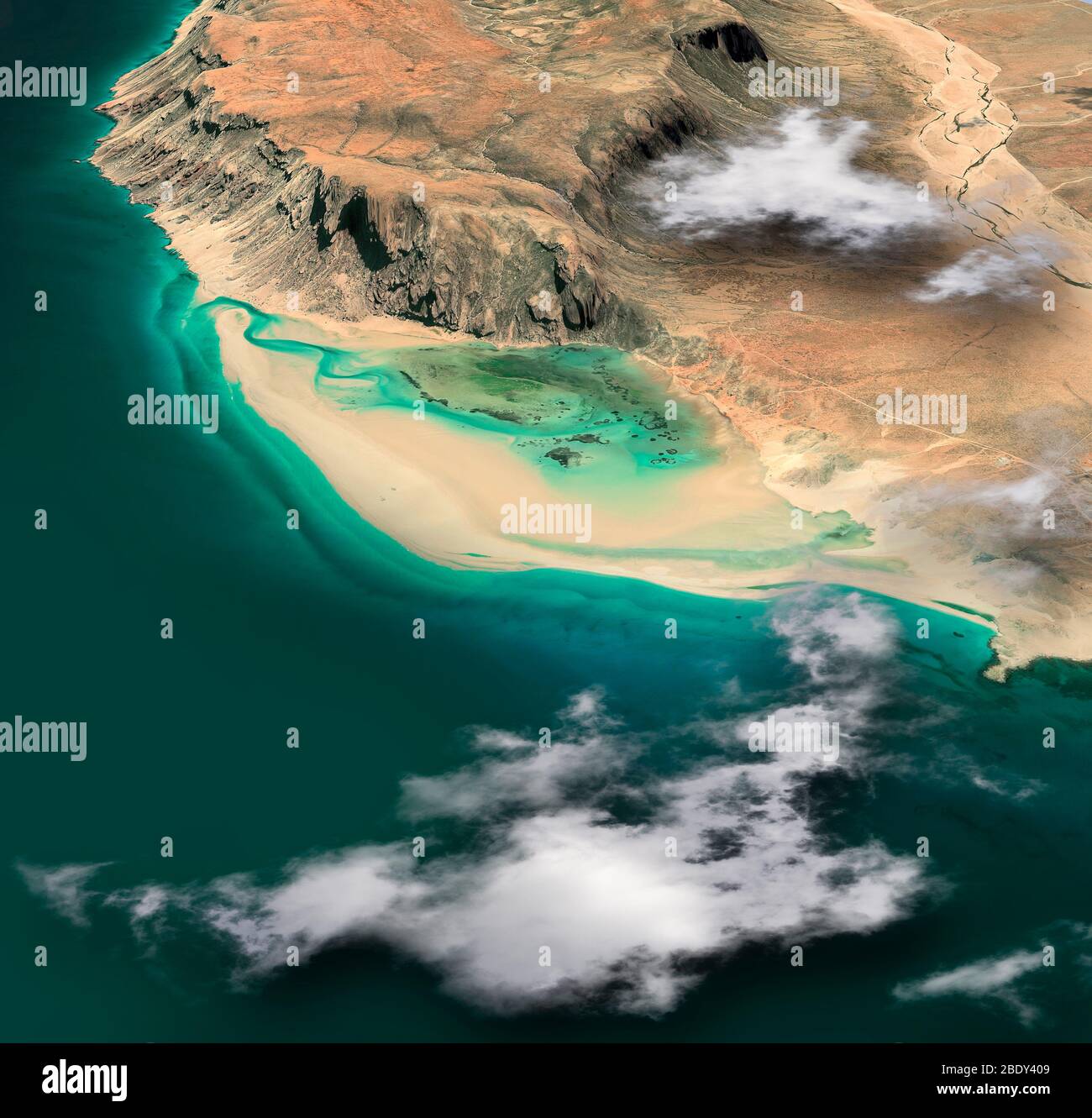 Satellite view of Qalansiyah Beach, Socotra, Yemen. 3d render. Deetwah lagoon, Qalansia. One of the most spectacular beaches in the world. Stock Photo