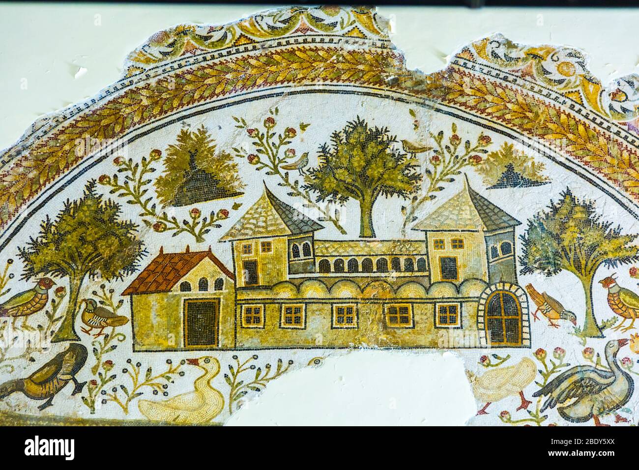 Mosaic of a roman villa and garden. Stock Photo