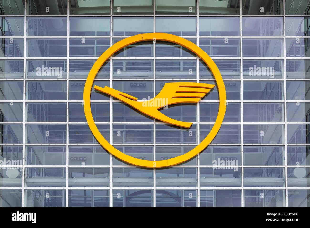 Frankfurt, Germany – April 25, 2018: Lufthansa crane logo at Frankfurt airport (FRA) in Germany. Stock Photo