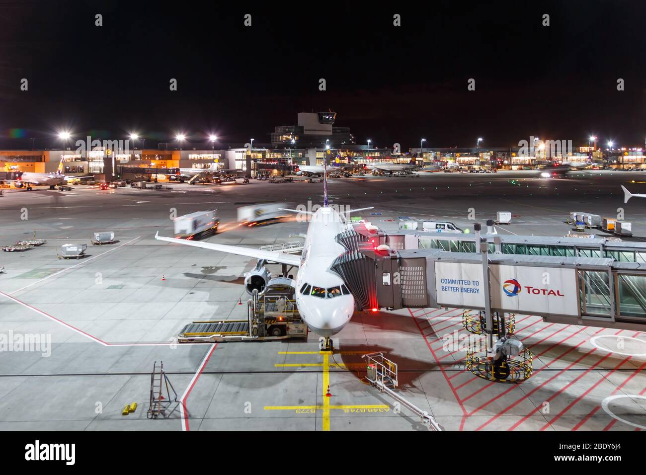 Frankfurt, Germany – January 18, 2018: Lufthansa Airbus airplane at Frankfurt airport (FRA) in Germany. Airbus is a European aircraft manufacturer bas Stock Photo