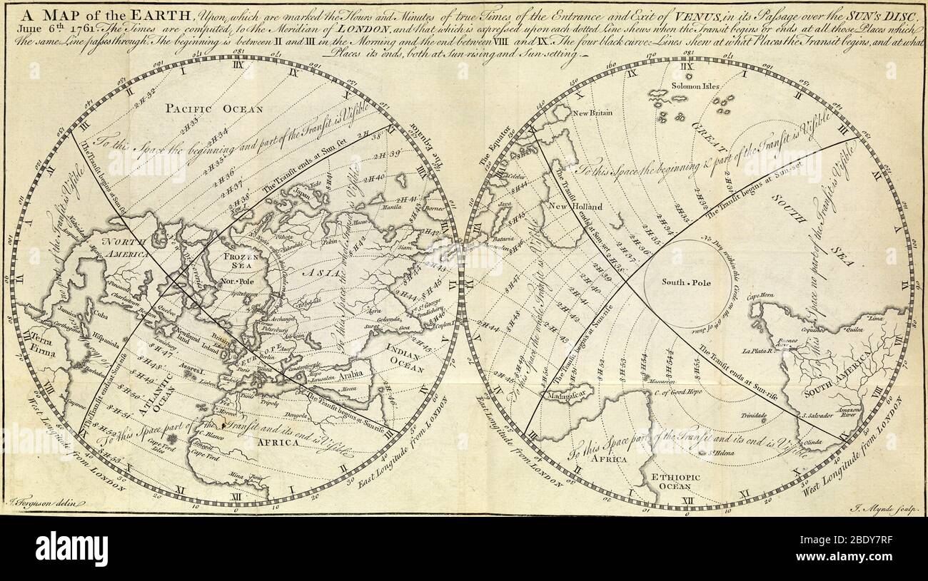 Map Marking Transit of Venus, 1770 Stock Photo
