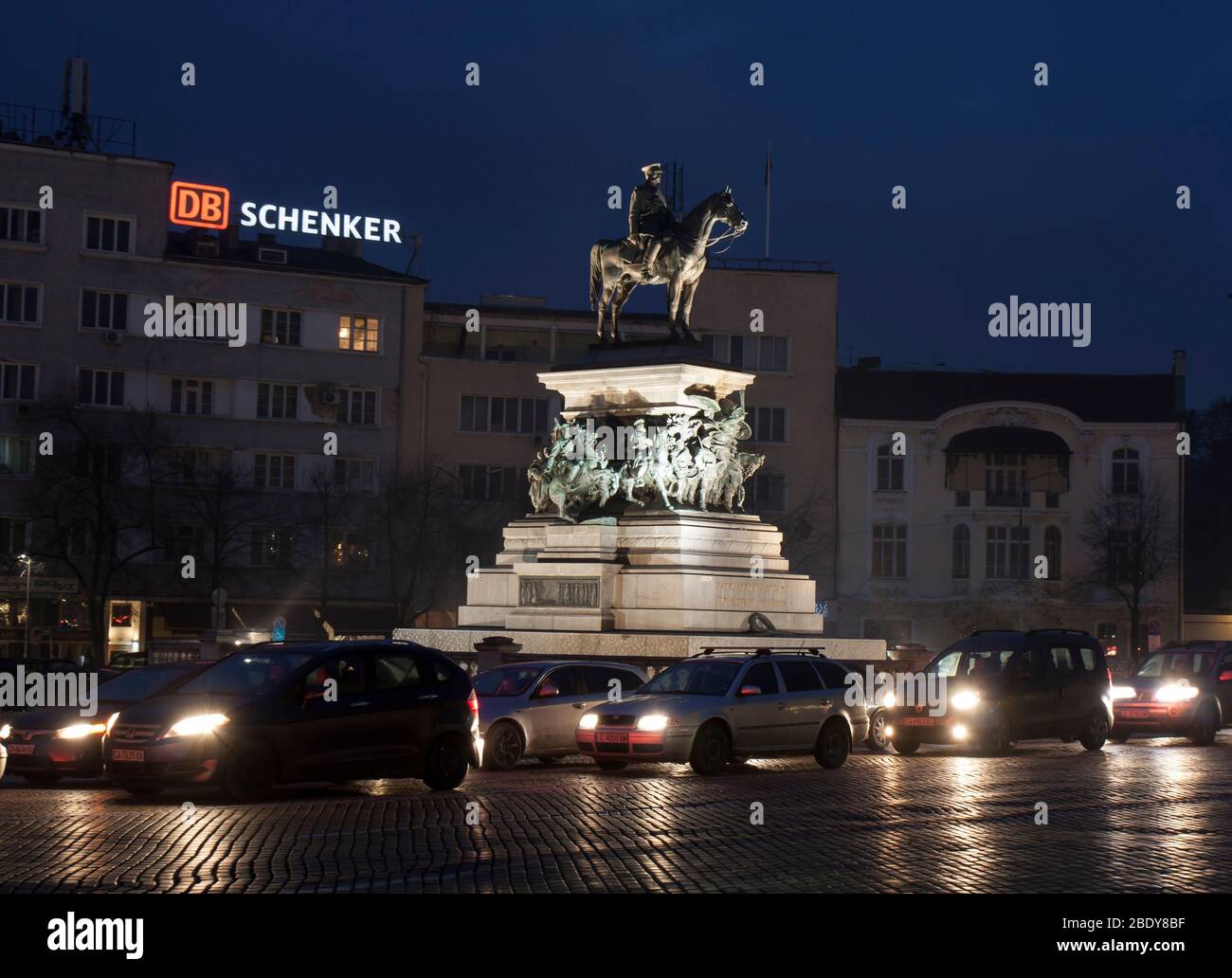 SOFIA, BULGARIA - DECEMBER 11, 2019: Monument to Tsar-liberator - Russian king Alexander III at night. Stock Photo