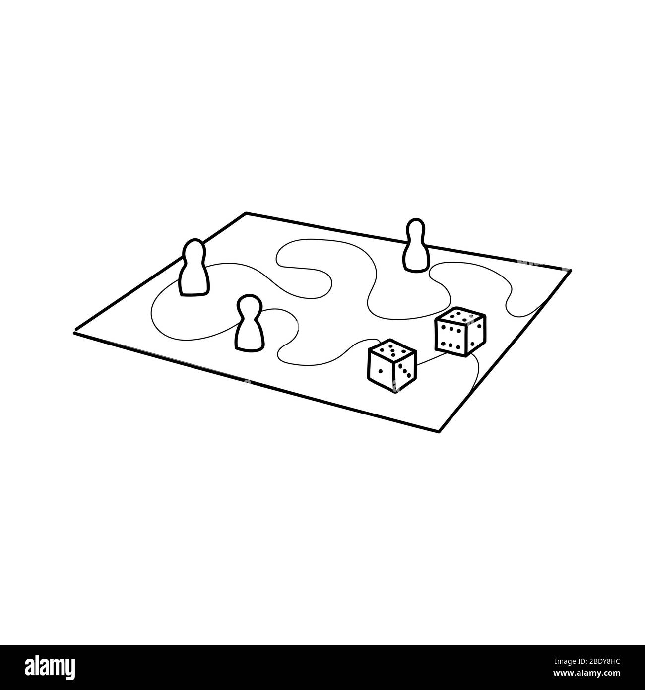 Various board games and many figurines background. Dice, chart, map, silhouettes hand drawn illustration Stock Vector