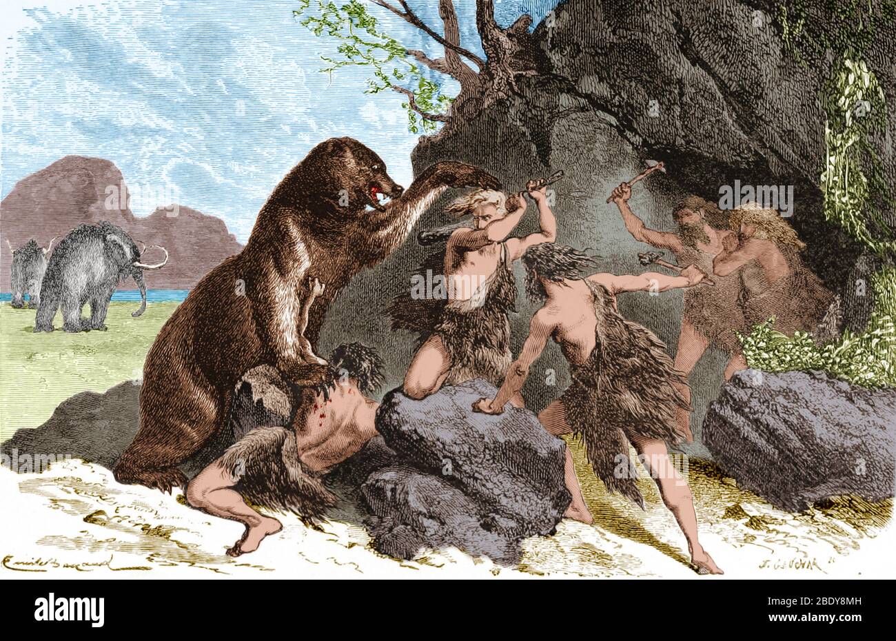 Prehistoric Men Battle Cave Bear Stock Photo