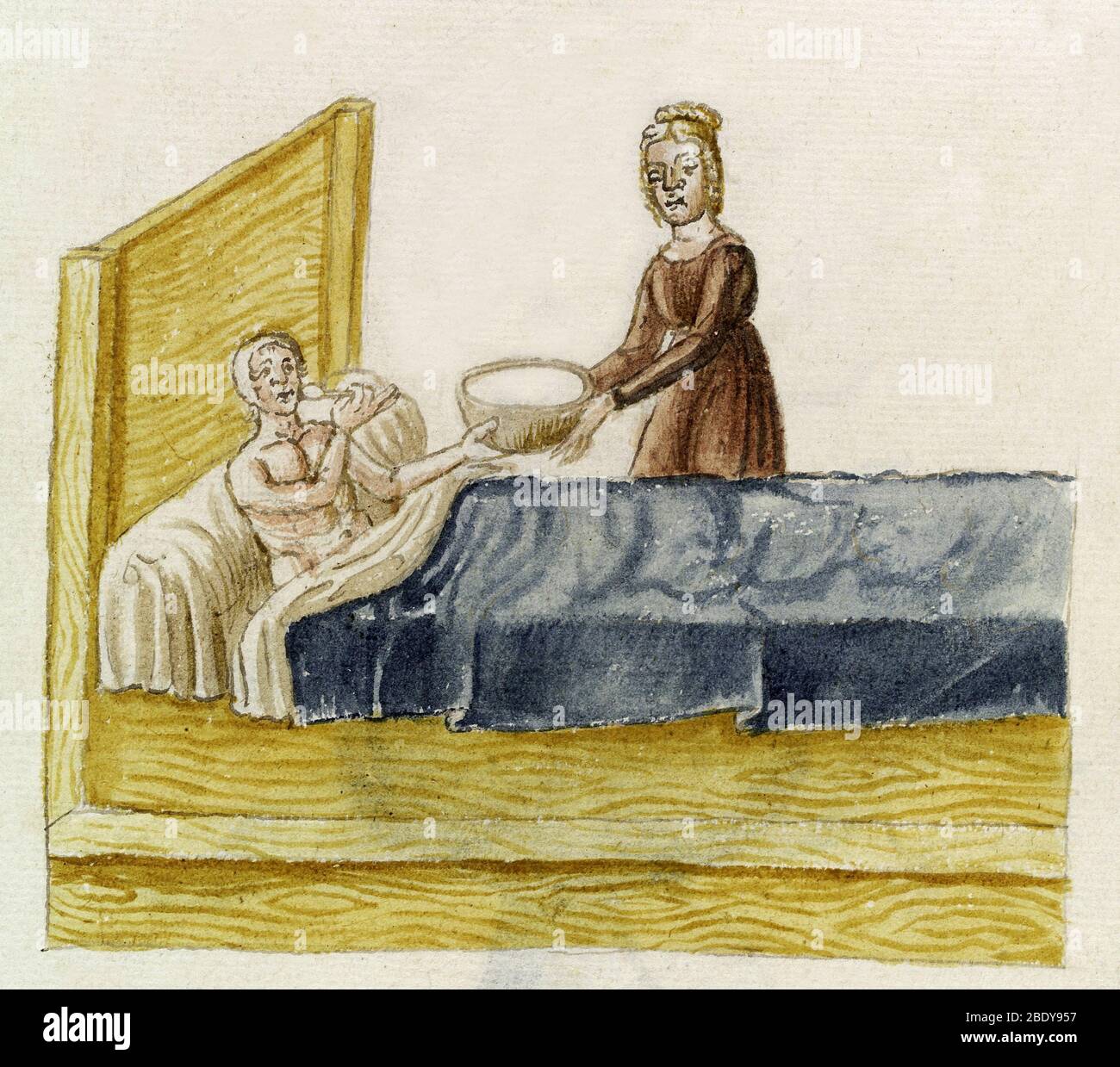 Patient in Being Fed Broth, 15th Century Stock Photo