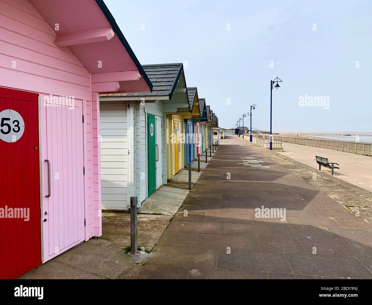 Mablethorpe, Lincolnshire,  UK. 10th April 2020. The deserted South Beach seaside promenade and beach huts of Mablethorpe, usually full of day trippers on a Good Friday. Credit: Tim Ring/Alamy Live News Stock Photo