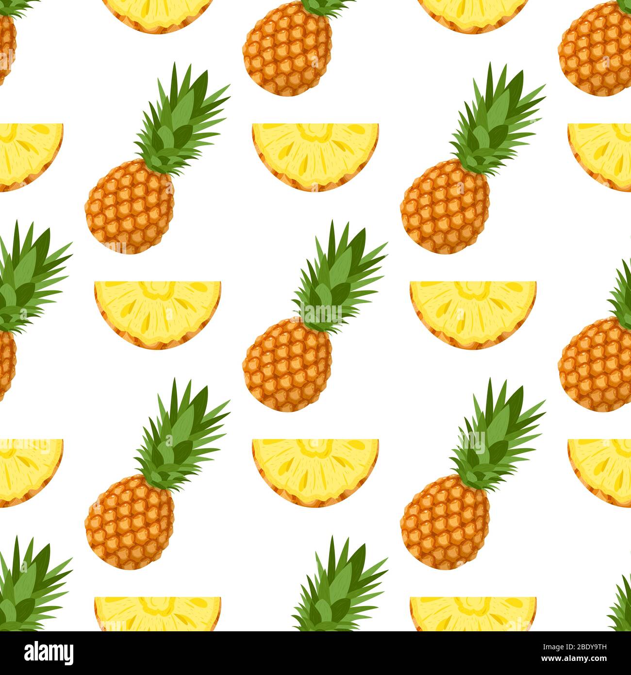 Seamless pattern with fresh whole and cut slices pineapple fruit with ...