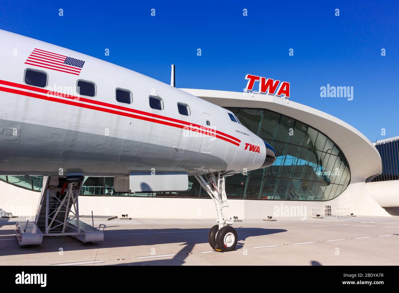 New York City, New York – February 29, 2020: TWA Trans World Airlines Lockheed L1649A Starliner airplane at New York JFK airport (JFK) in the United S Stock Photo
