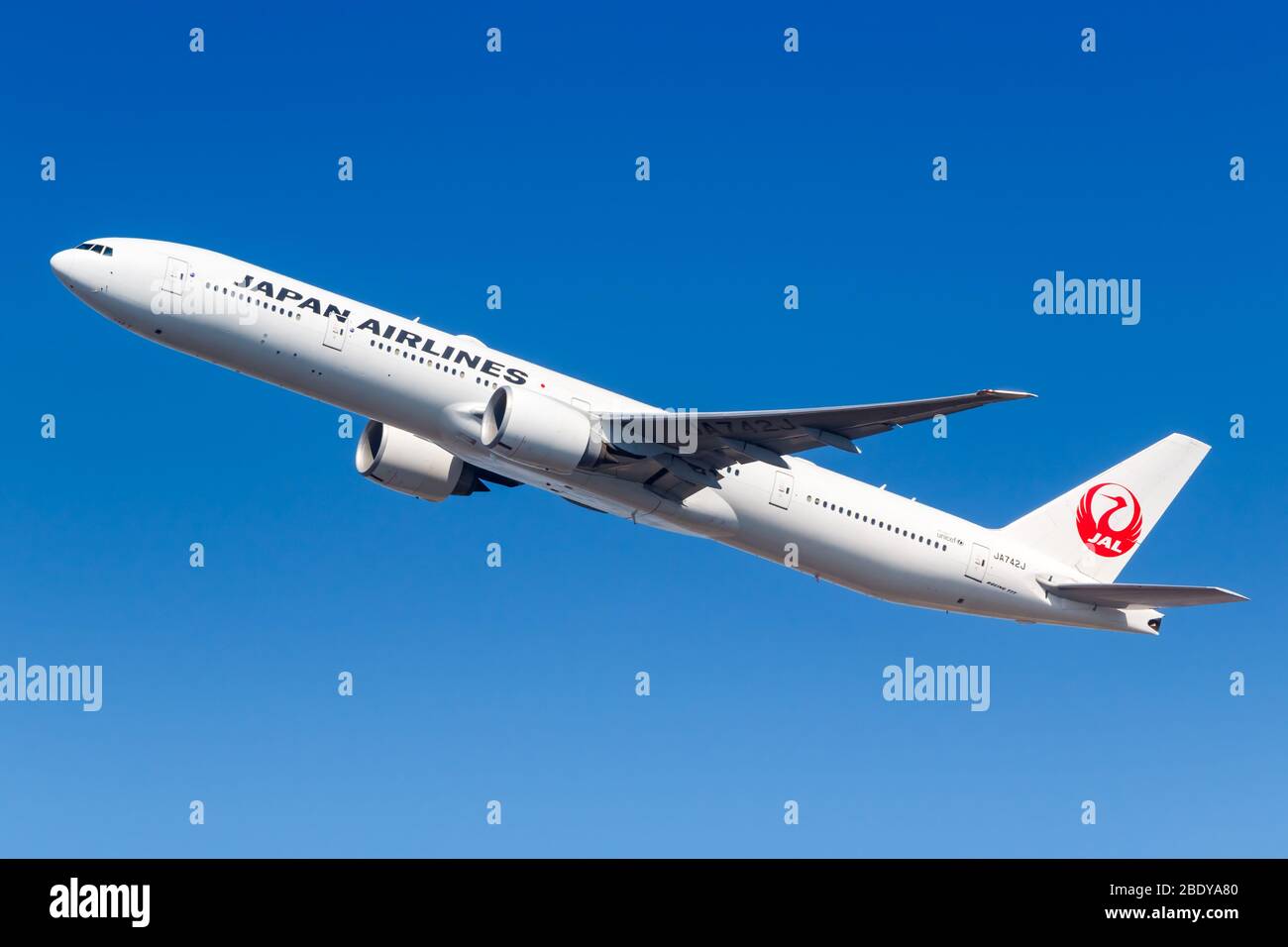 New York City, New York – March 1, 2020: Japan Airlines Boeing 777-300ER airplane at New York JFK airport (JFK) in the United States. Boeing is an Ame Stock Photo