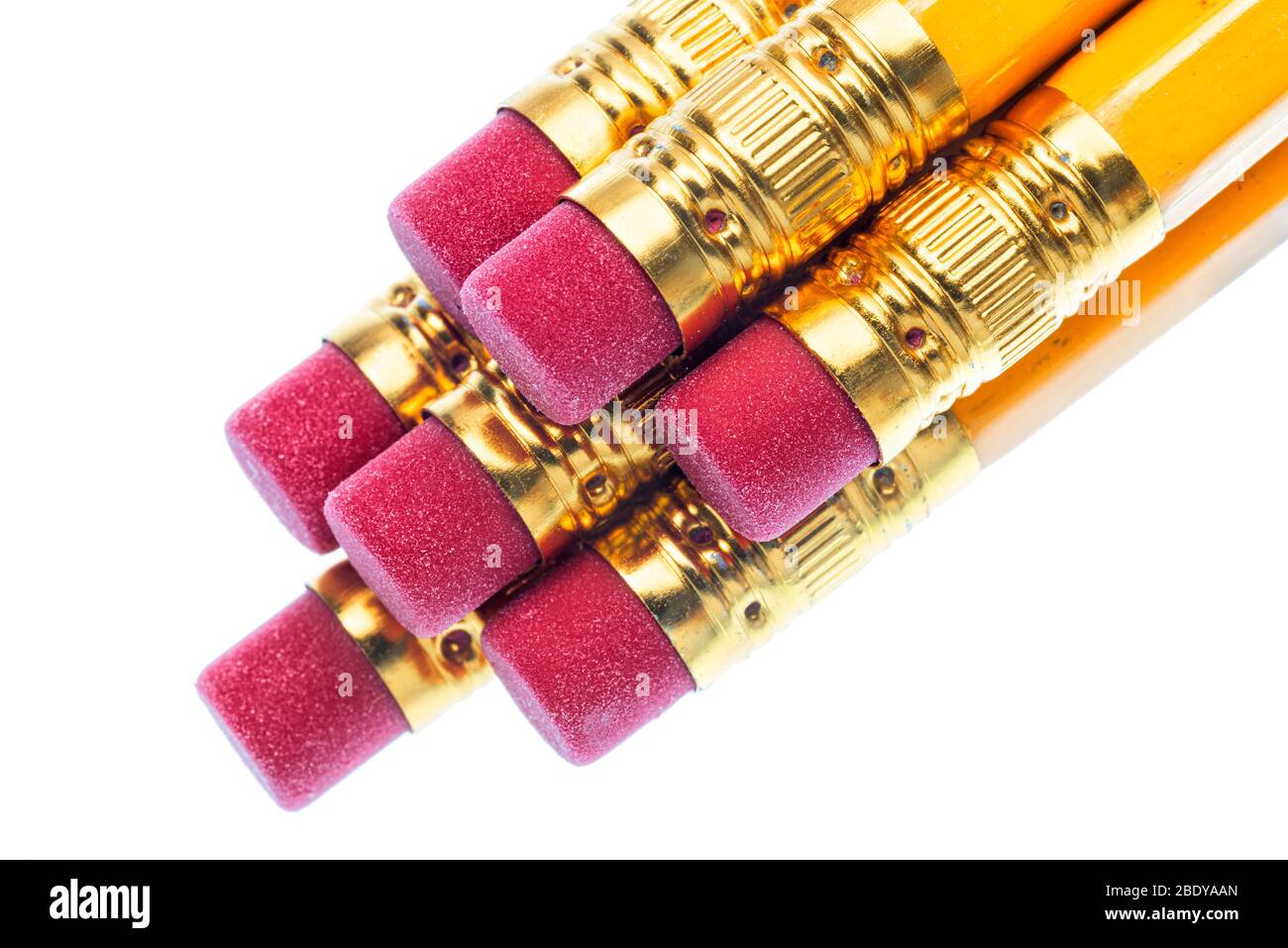 Horizontal closeup shot of a bundle of the eraser ends of seven