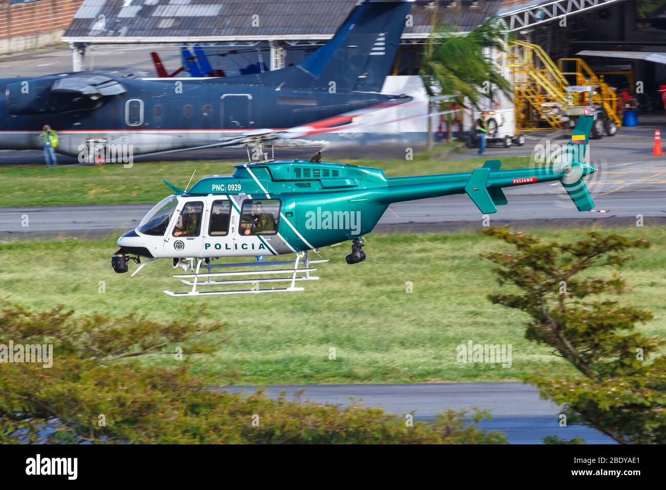 Medellin, Colombia – January 25, 2019: Policia Nacional de Colombia Bell 407 helicopter at Medellin Enrique Olaya Herrera airport (EOH) in Colombia. Stock Photo