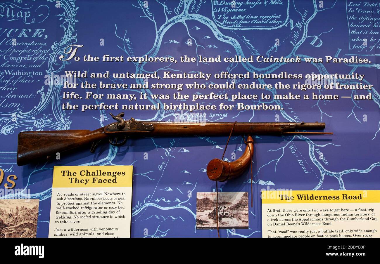Kentucky explorers display, rifle, powder horn, history, Heaven Hill Bourbon Heritage Center, distillery, museum, Bardstown, KY, USA Stock Photo