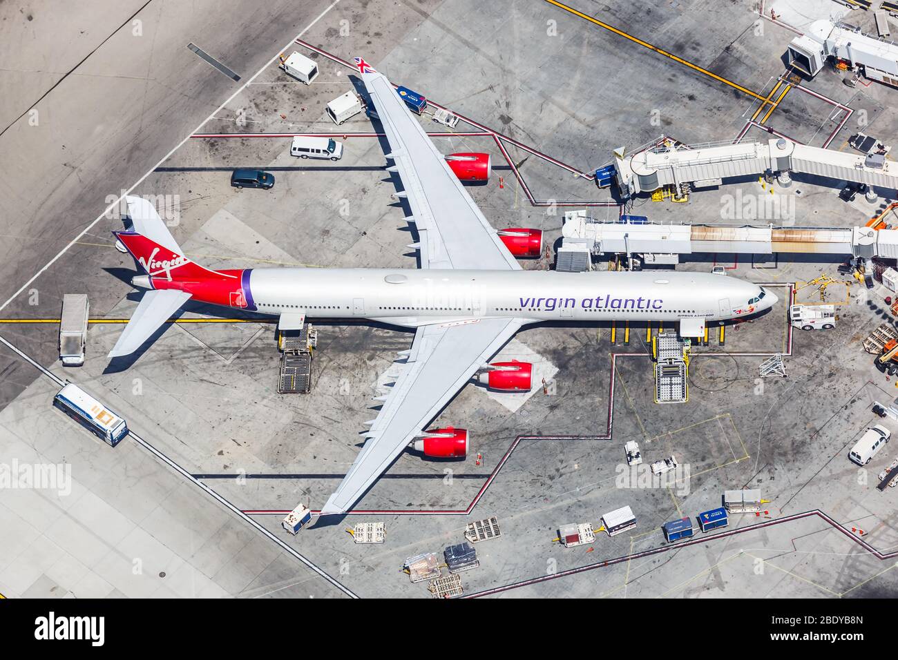 Los Angeles, California – April 14, 2019: Virgin Atlantic Airbus A340-600 airplane at Los Angeles International airport (LAX) in California. Stock Photo