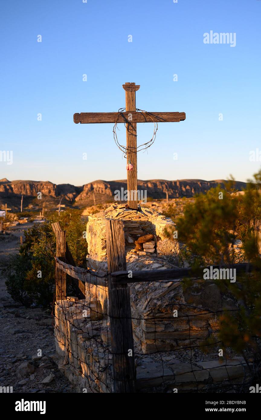This small cemetery in Terlingua Ghost Town in West Texas features quirky handmade embellishments to honor the dead. Stock Photo