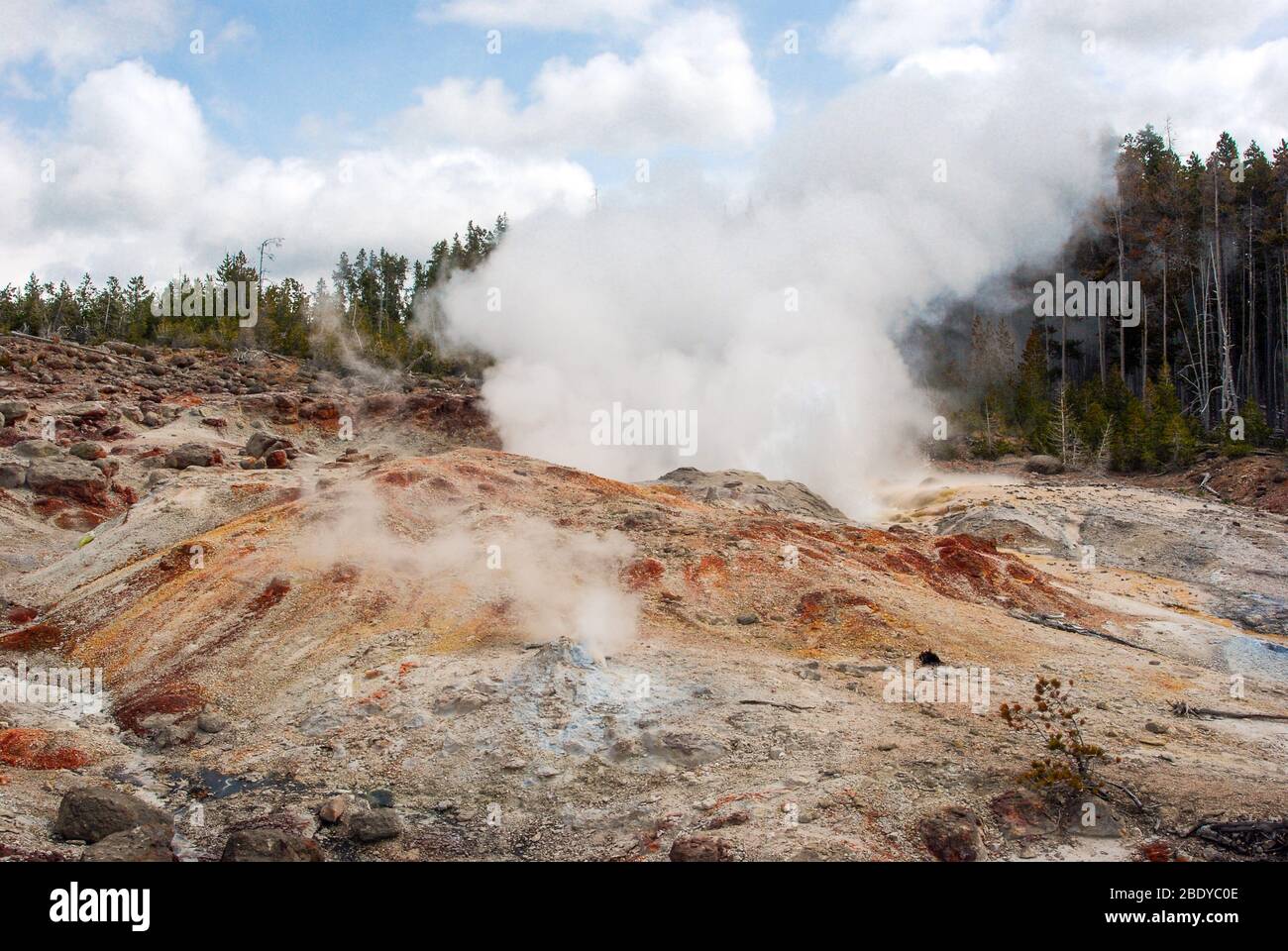 Steaming hot springs with colorful mineral deposits and thermophilic