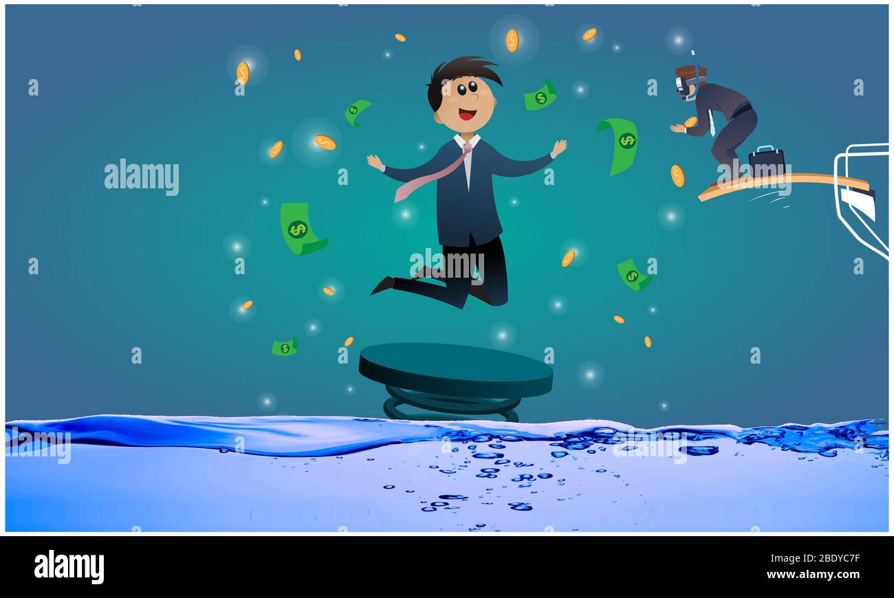 business man jumping from swimming pool to catch money Stock Photo