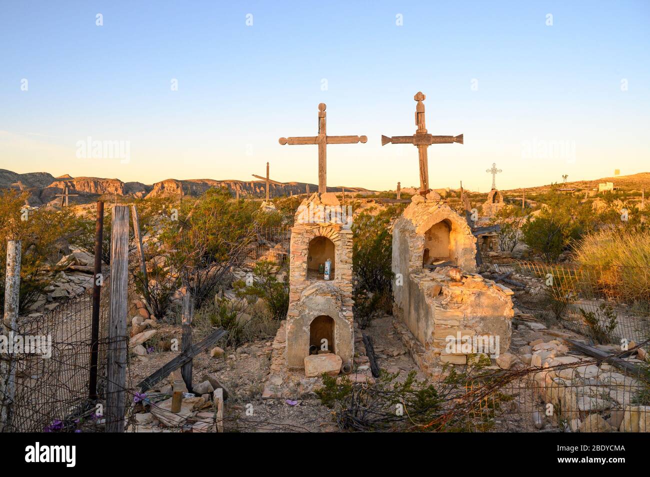 Twin crosses mark these graves in the Terlingua Cemetery in West Texas
