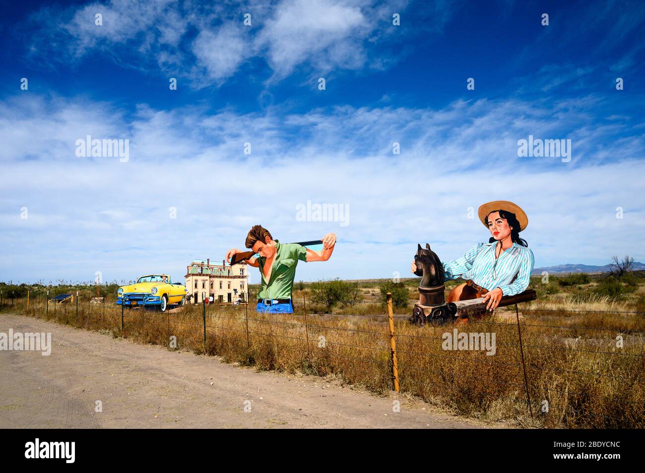 This roadside attraction near Marfa, Texas called Giant Marfa pays tribute to the 'Giant' movie, starring James Dean and Liz Taylor. Stock Photo