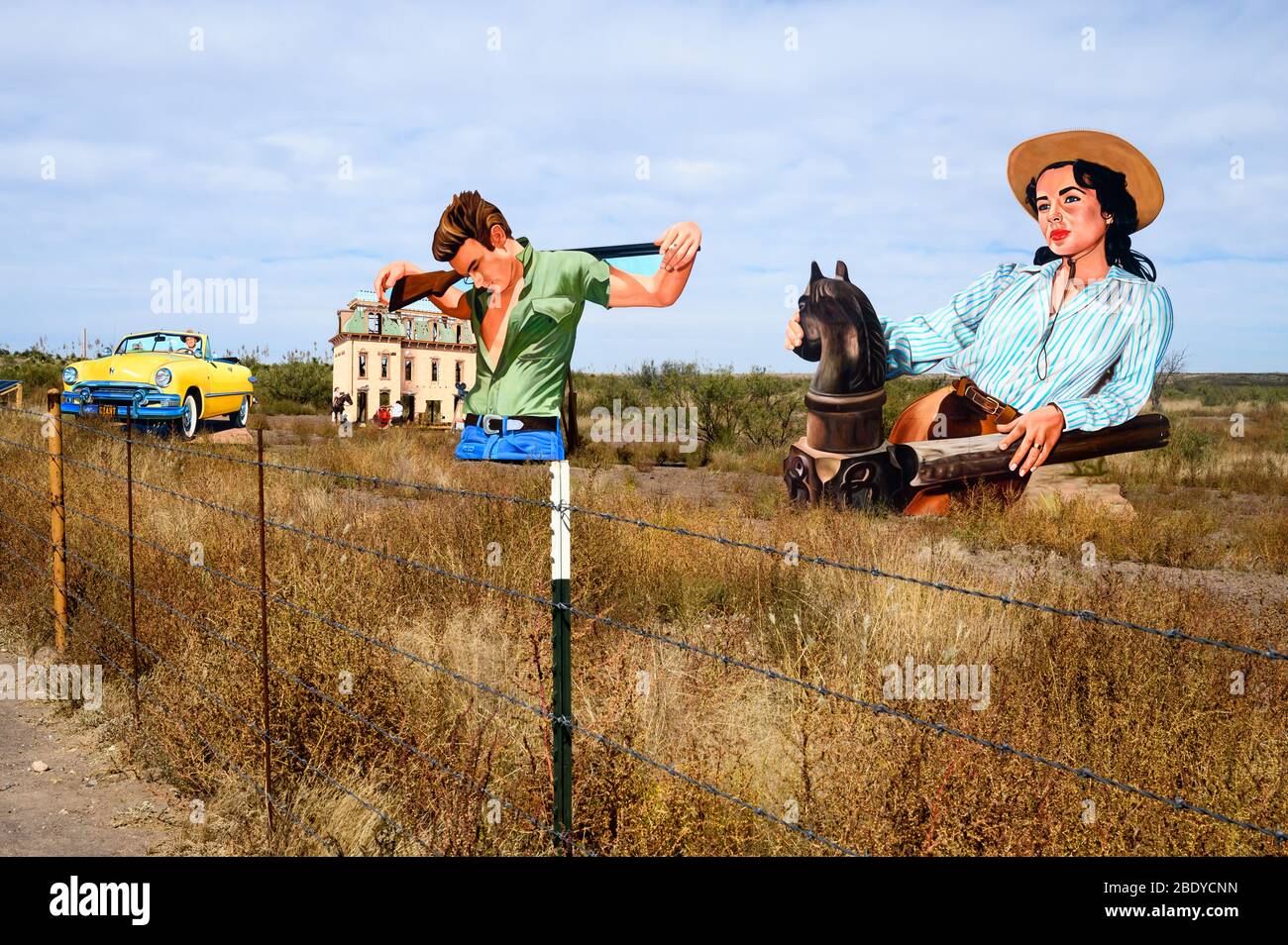 This roadside attraction near Marfa, Texas called Giant Marfa pays tribute to the 'Giant' movie, starring James Dean and Liz Taylor. Stock Photo