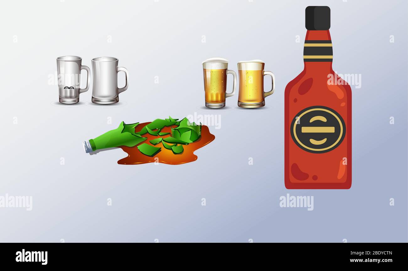broken bottle with filled and empty beer mugs Stock Vector