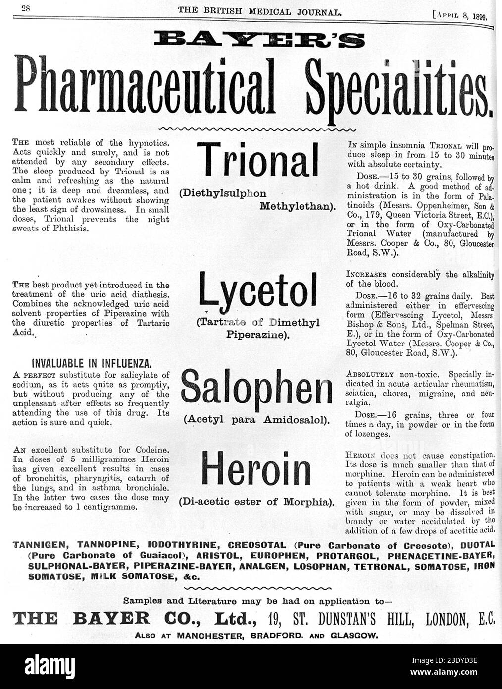 Ad for Bayer's Drugs, Including Heroin, 1899 Stock Photo