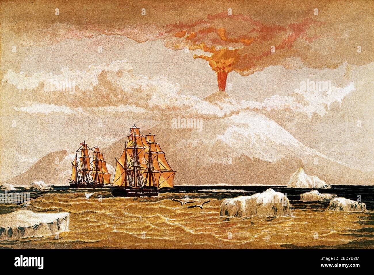 Mount Erebus, Antarctica: the volcano in eruption. Chromolithograph from 1868. Mount Erebus was discovered on January 27, 1841 (and observed to be in eruption) by polar explorer Sir James Clark Ross who named it and its companion, Mount Terror, after his ships, Erebus and Terror. Present with Ross on the Erebus was the young Joseph Hooker, future president of the Royal Society. Mount Erebus is the southernmost active volcano on earth and the most active volcano in Antarctica, with a summit elevation of 3,794 metres (12,448 ft). It is located on Ross Island. Stock Photo