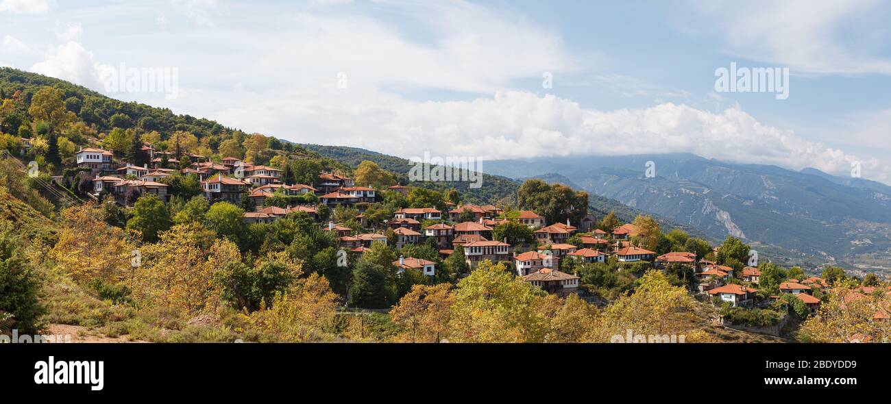 The old city Palaios Panteleiomonas, tourist attraction in Greece. Leptokaria travel destination in east Macedonia. Aerial view. Stock Photo