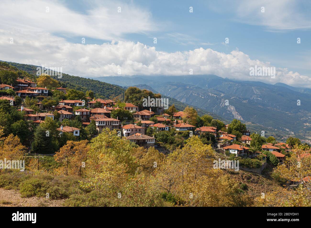The old city Palaios Panteleiomonas, tourist attraction in Greece. Leptokaria travel destination in east Macedonia. Aerial view. Stock Photo