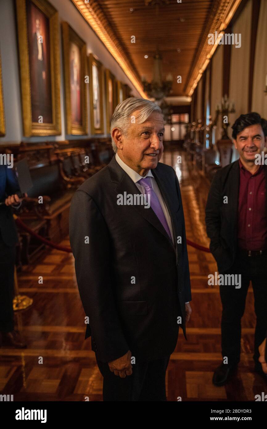 Mexican President Andres Manuel Lopez Obrador (better known as AMLO) walks through the National Palace in Mexico City, Mexico, July 29, 2019. AMLO is the leader of the Morena political party. Stock Photo