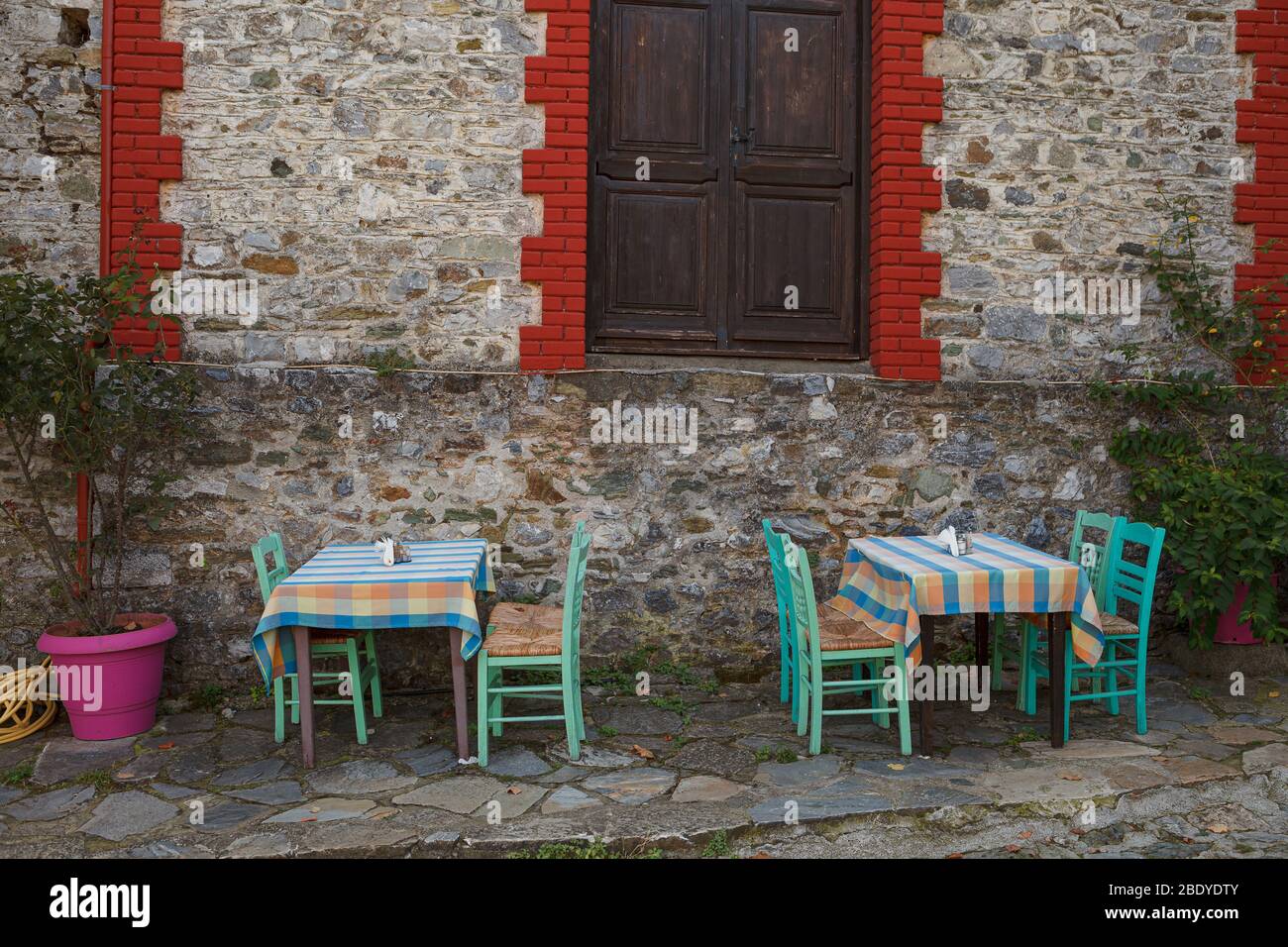 The old city Palaios Panteleiomonas, tourist attraction in Greece. Leptokaria travel destination in east Macedonia. Stock Photo