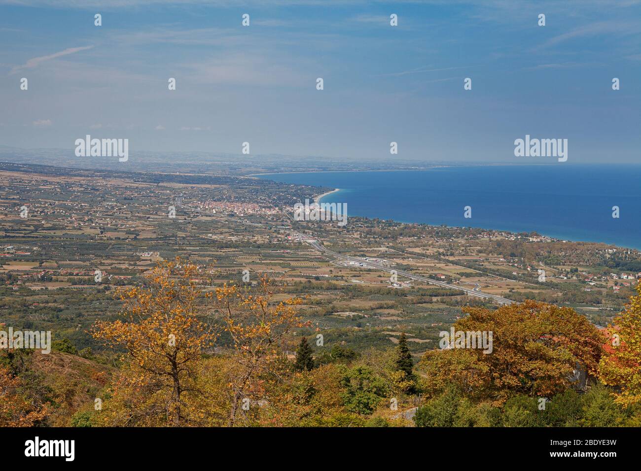 Beautiful aerial view of greek villages along the sea from mountains. Macedonia, Greece. Stock Photo