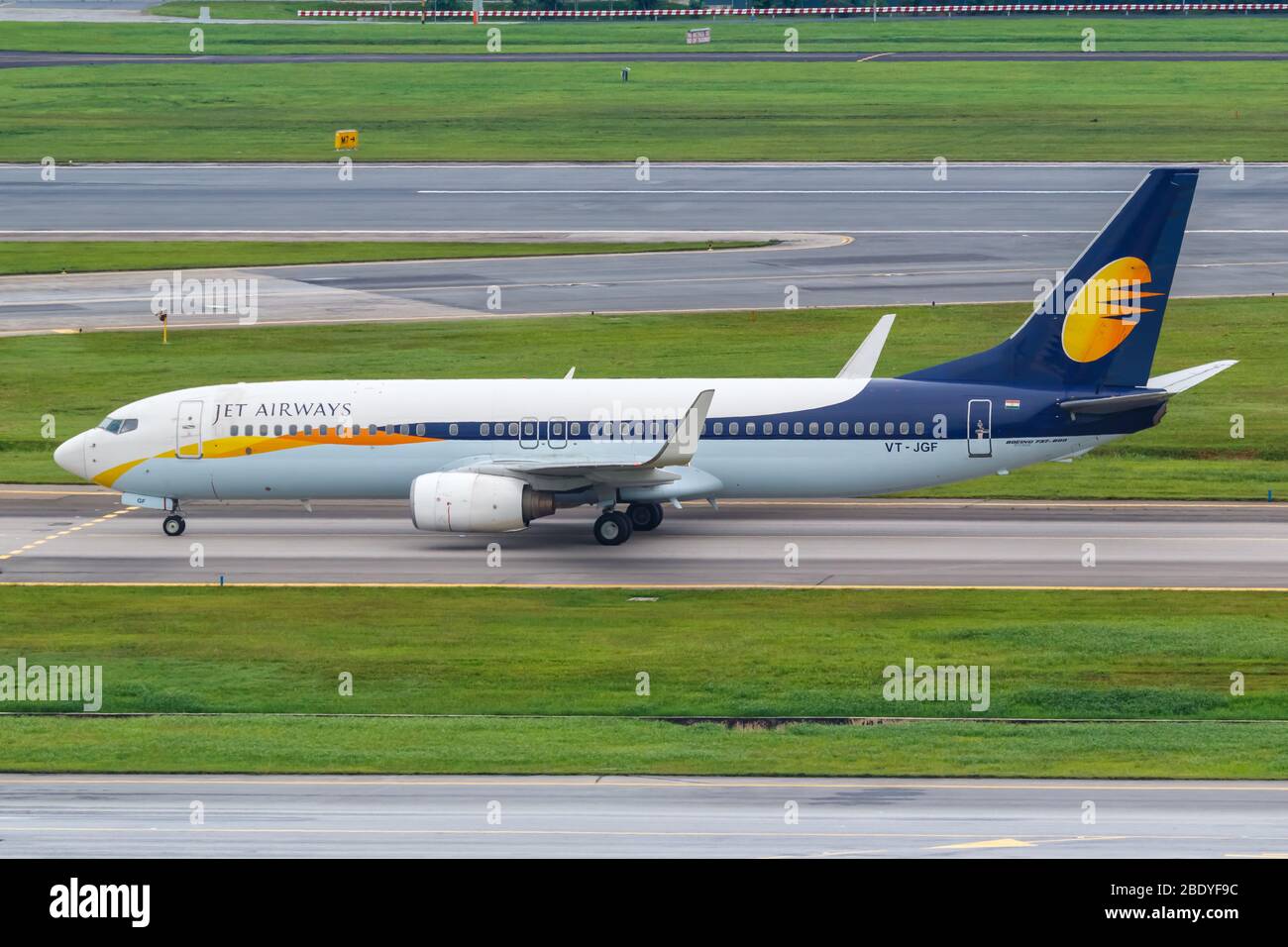 Changi, Singapore – January 29, 2018: Jet Airways Boeing 737-800 airplane at Changi airport (SIN) in Singapore. Boeing is an American aircraft manufac Stock Photo