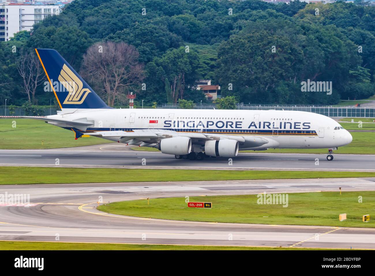 Changi, Singapore – January 29, 2018: Singapore Airlines Airbus A380 airplane at Changi airport (SIN) in Singapore. Airbus is a European aircraft manu Stock Photo