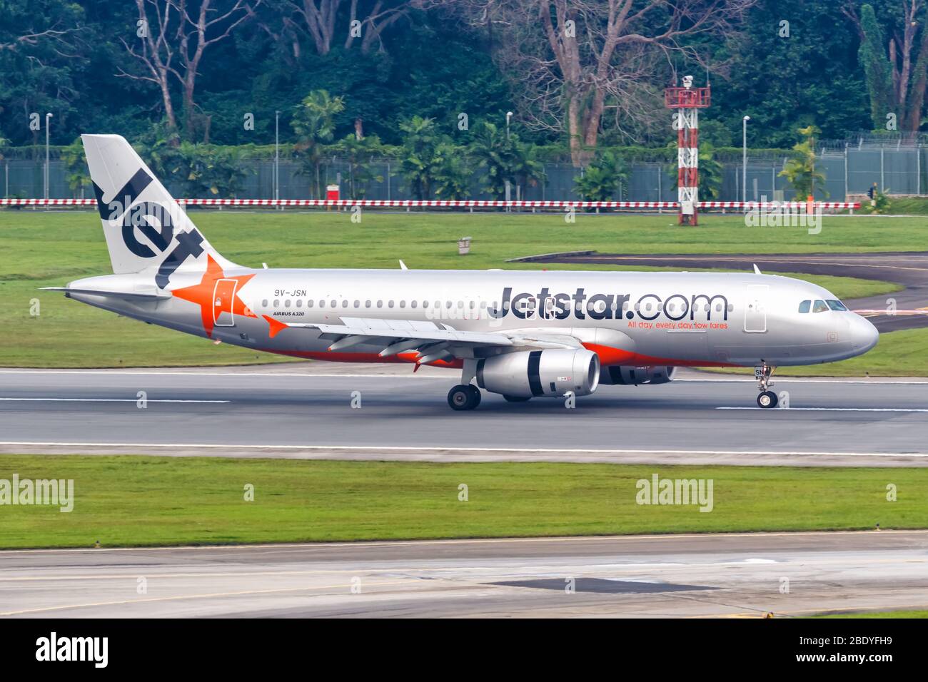 Changi, Singapore – January 29, 2018: Jetstar Asia Airways Airbus A320 airplane at Changi airport (SIN) in Singapore. Airbus is a European aircraft ma Stock Photo
