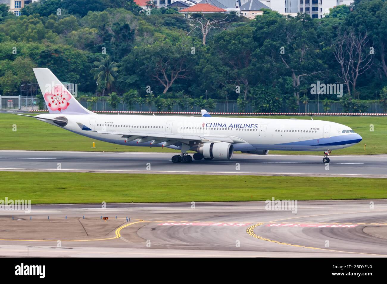 Changi, Singapore – January 29, 2018: China Airlines Airbus A330-300 airplane at Changi airport (SIN) in Singapore. Airbus is a European aircraft manu Stock Photo